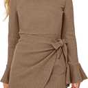 Girl's Midi Dresses Solid Waffle Knit Dress Flared Long Sleeve Belted Dress for Kids (9-10 Years, Khaki)