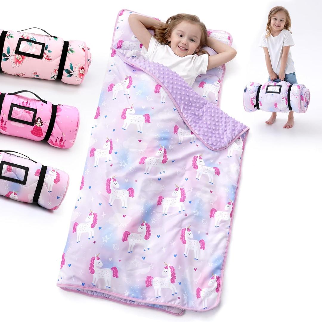 Nap Mat with Pillow Blanket Set: Sleeping Mats for Toddler Kids - Thick Large Roll up Slumber Bag for Daycare Preschool Kindergarten Boys Girls (Unicorn)