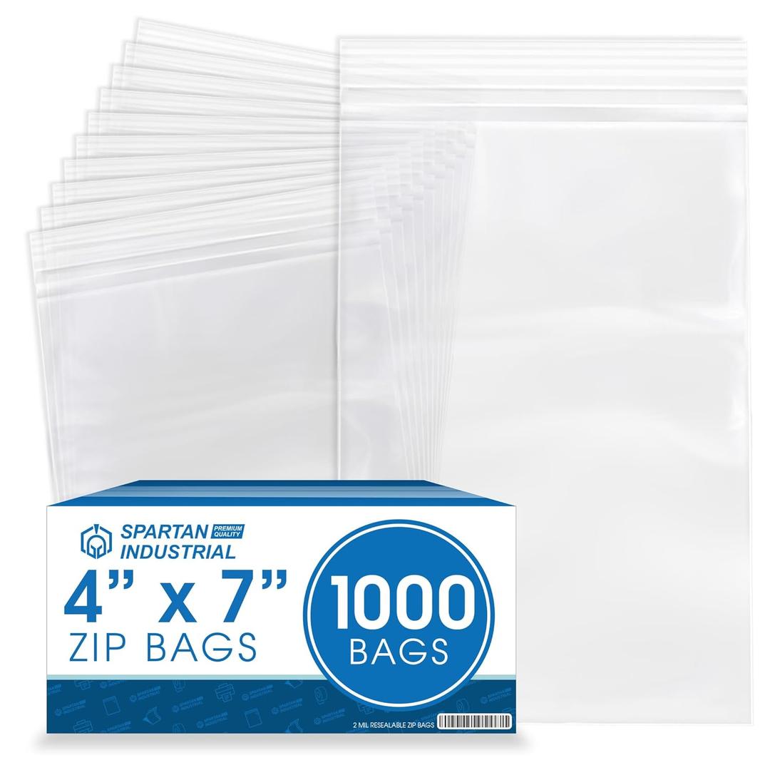 Spartan Industrial - 4 x 7 (1000 Count) 2 Mil Clear Reclosable Zip Plastic Poly Bags with Resealable Lock Seal Zipper
