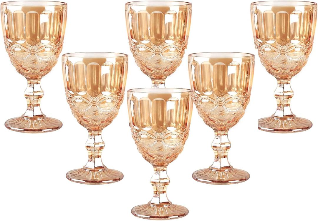 Vintage Wine Glasses Set of 6, 10 Ounces Colored Glass Water Goblets, Unique Embossed Pattern High Clear Stemmed Glassware Wedding Party Bar Glass Drinking Cups Floral Amber