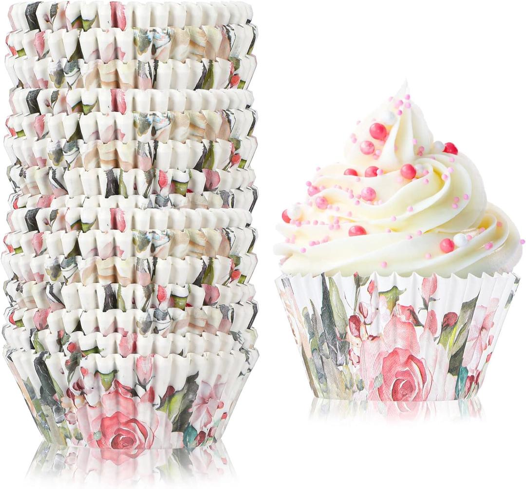 300 Counts Floral Cupcake Liners Floral Cupcake Wrappers Baking Cups Baking Liners Holders for Baby Shower Wedding Bridal Showers Birthday Party Decorations