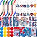 113 PCS Hockey Party Favors Set ,41 Hockey Stickers, 12 Goodie Bags,12 Button Badges,12 Slap Bracelets, 12 Balls, 12 Pencils, 12 Keychains for Ice Hockey Sports Party Birthday Gift Supplies