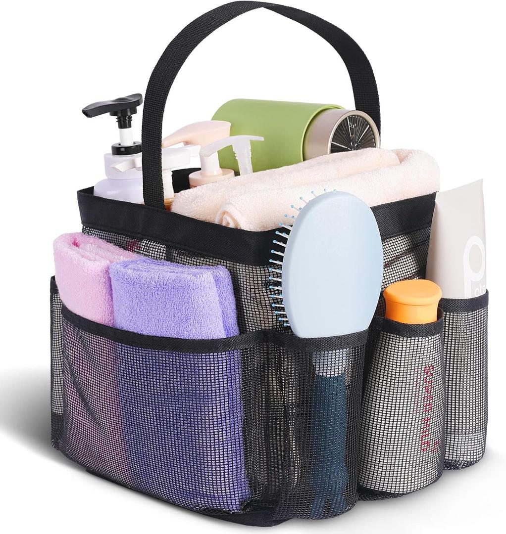 Mesh Shower Caddy Portable for College Dorm Room Essentials, 8-Pocket Large Capacity Shower Bag for Beach, Swimming, Gym (All Black)