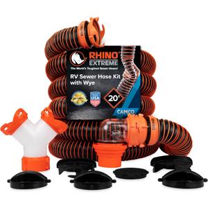 Camco RhinoEXTREME 20 Camper/RV Sewer Hose - RV Accessories Include 360 Clear Swivel Wye Fitting & Removable 4-in-1 Adapter for Storage and Organization & More - TPE Tech for Durability (21056)