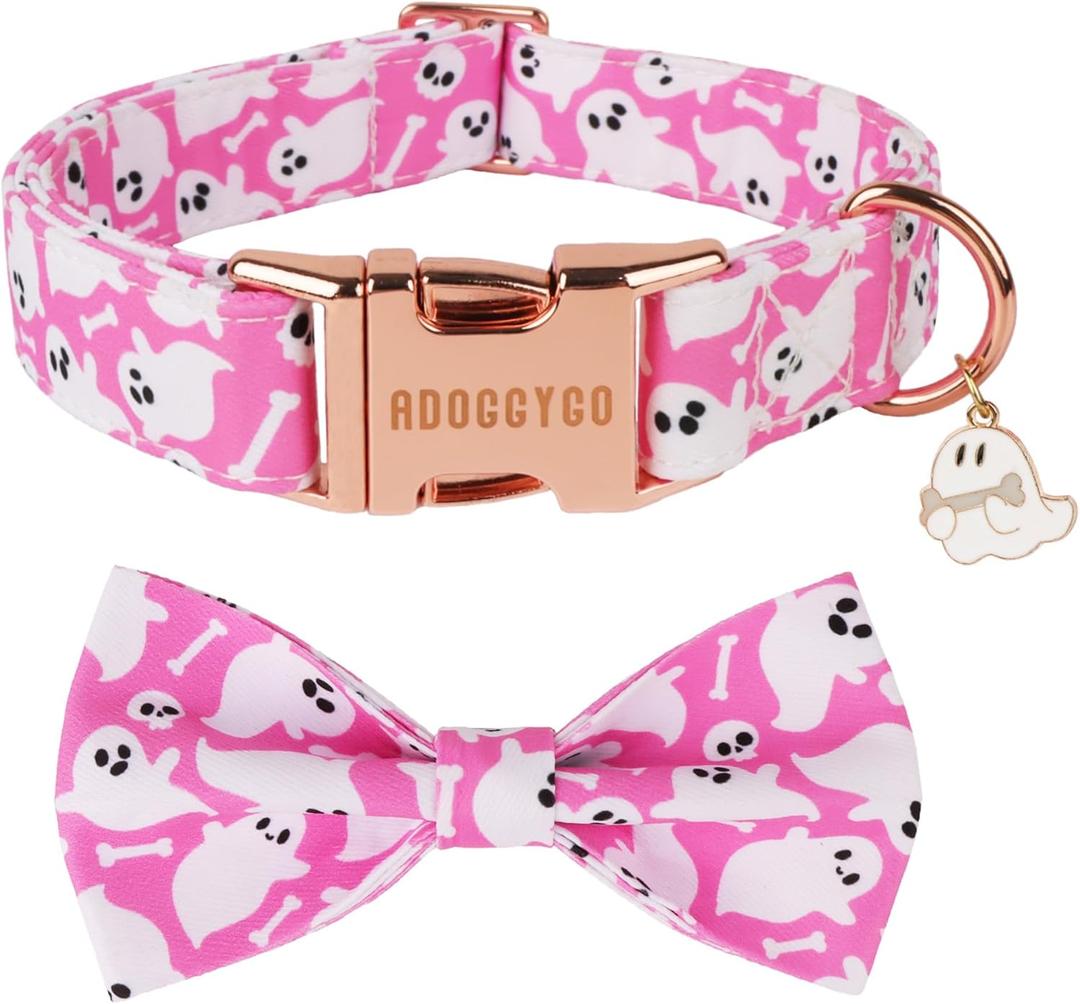 ADOGGYGO Pink Halloween Dog Collar with Bow Tie, Detachable Ghost Pet Bowtie, Metal Buckle, Adjustable Pink Halloween Collars for Small Dogs Girl (Small)