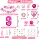 8th Birthday Decorations for Girls, Pink White 8 Happy Birthday Balloons, Birthday Party Supplies Including Pink Happy Birthday Banner, Number 8 Foil Balloons