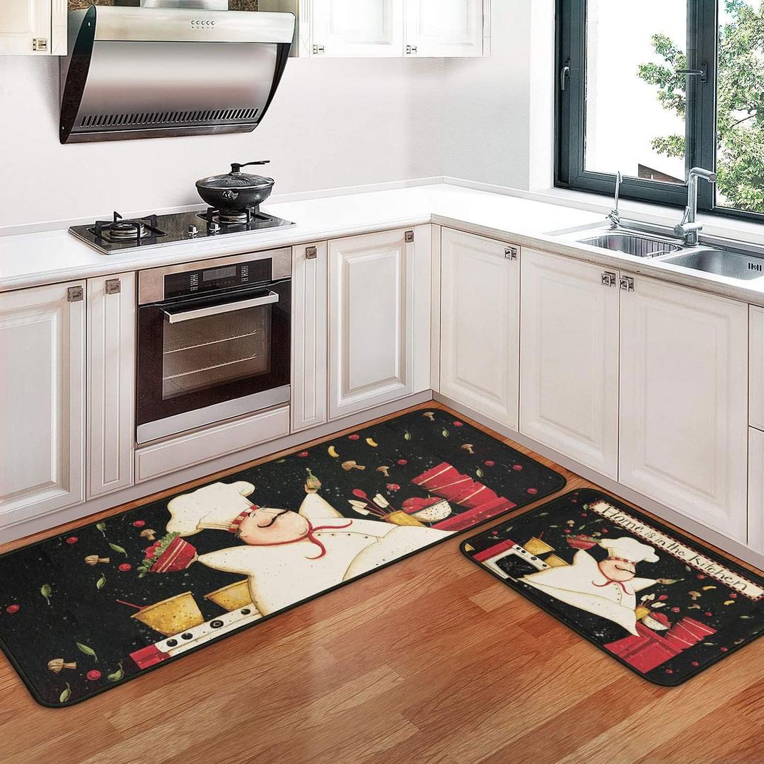 2 PCS Kitchen Rugs and Mats Washable Non Skid, Soft Super Absorbent Fat Chef Kitchen Mat for Doormat Bathroom Runner Set (17"x47"+17"x30",Fat Chef) (One Size, Color-5)