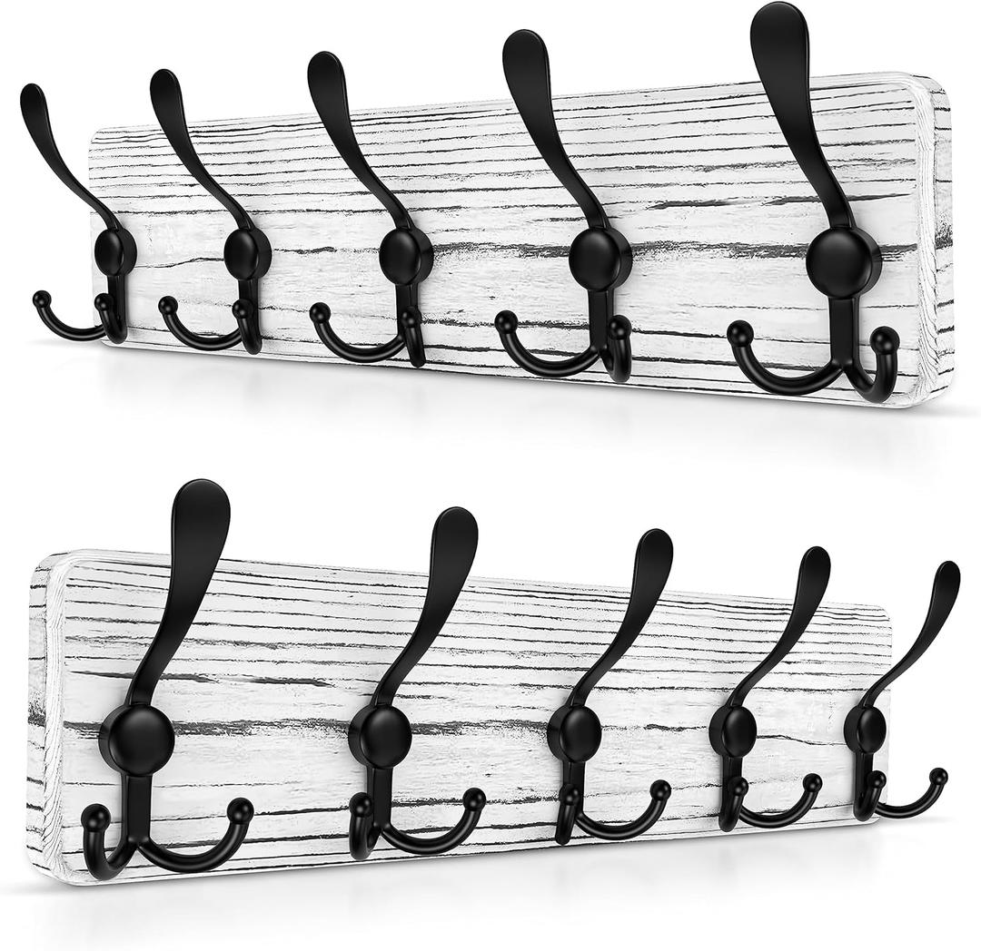 Rustic Coat Rack Wall Mount  Solid Pine Wood Wall Coat Rack with 5 Triple Hooks  Pre-Assembled Hook Rack  17" Long, 16" Hole to Hole  Heavy Duty Wall Mounted Coat Hanger - 2 Pack (White)