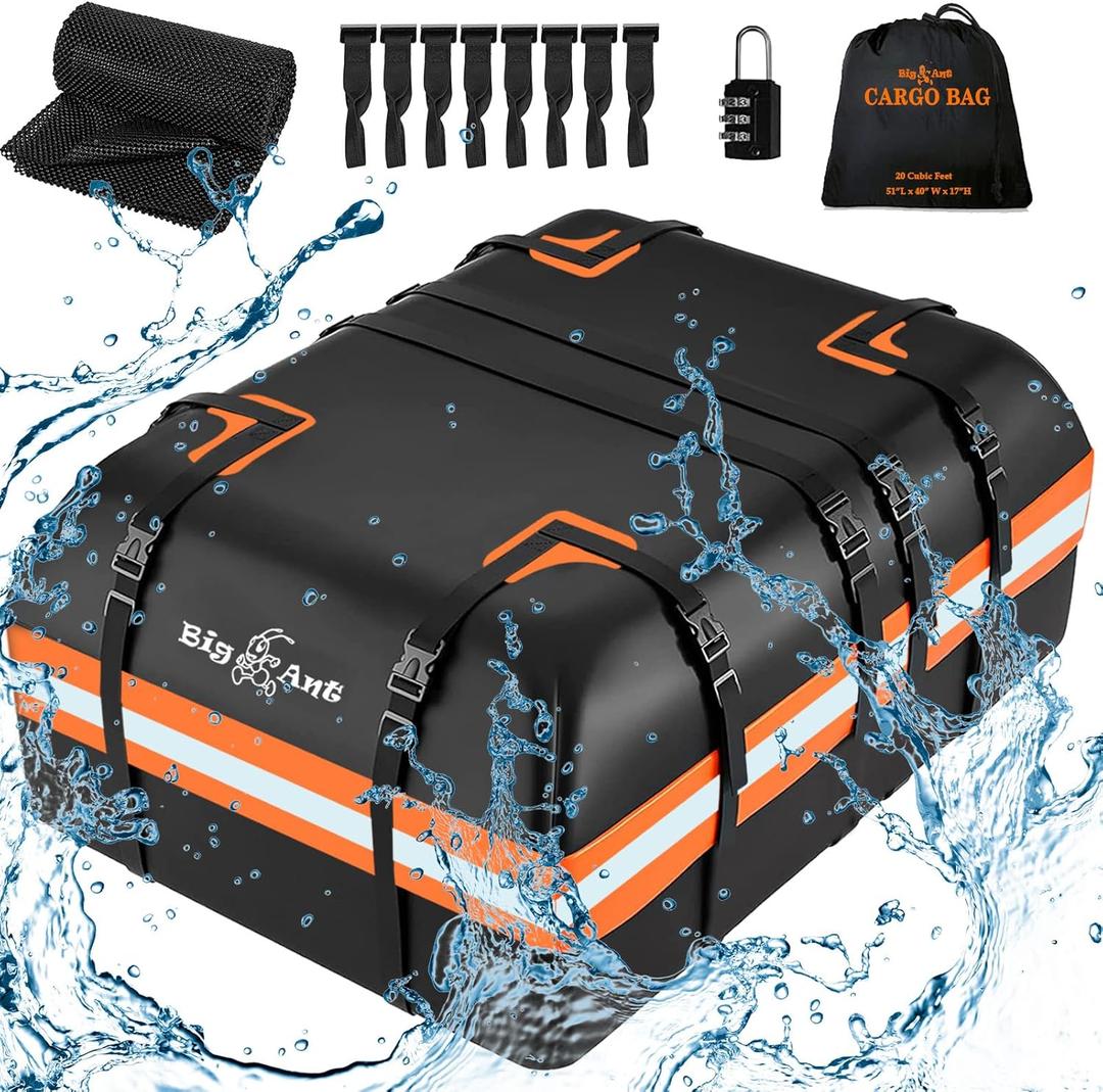 Big Ant Car Rooftop Cargo Carrier Bag, 15 Cubic Feet Waterproof Heavy Duty 840D Car Roof Bag for All Vehicle with/Without Rack - Includes Anti-Slip Mat, 8 Door Hooks, 2 Extra Straps, Luggage Lock