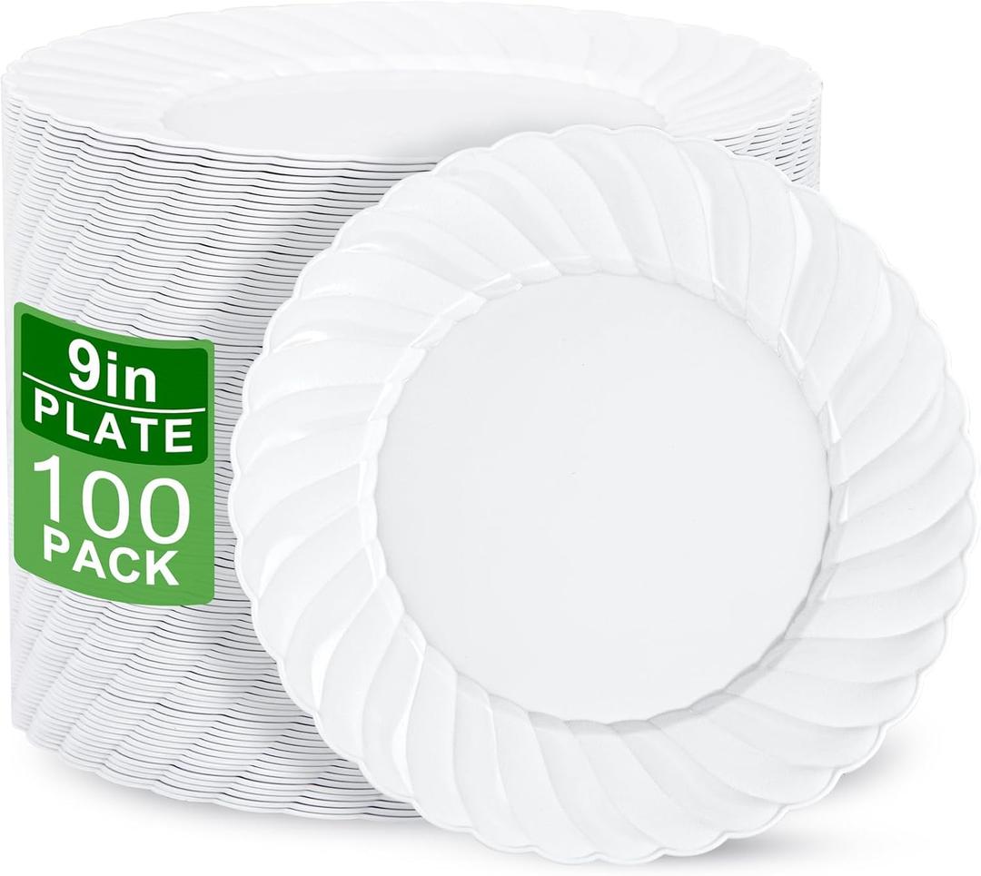 U-QE 100 Pieces White Plastic Plates - 9 Inch White Disposable Plates - Washable & Reusable - Premium Hard Plates - Party Supplies for Party, Celebrations, Travel, Wedding, Party and Events
