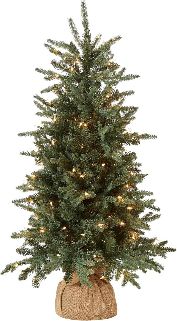 National Tree Company Pre-lit Artificial Mini Christmas Tree | Includes Small Lights and Cloth Bag Base | for Tabletop or Desk | Burlap-4 ft, 4', Green
