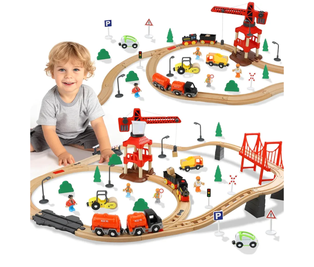 TOY Life Train Set 81pcs with Crane & Locomotive Train Toy, Wooden Train Tracks Toys for Toddlers Boys Girls 3 4 5, Wood Toys Gift Toddler Train for Kids 4-8 - Fits Thomas Brio Chuggington
