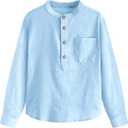 Inorin Boys Linen Shirt Button Up Henley Long Sleeve Dress Shirts Cotton Lightweight Tees Tops with One Pocket (7-8 Years, Sky Blue)
