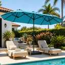 DomeShade 15FT Extra Large Patio Umbrella with Base, Double-Sided Outdoor Rectangular Market Umbrella with Stand,Heavy Duty Outside Sun Umbrella for Backyard,Poolside,Patio Furniture,Teal Blue