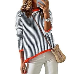 ZESICA Women's Fall Striped Sweaters Long Sleeve Crew Neck Shirts Color Block Lightweight Pullover Tops Dark Blue Small