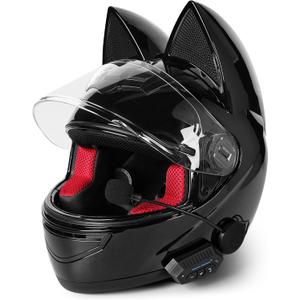 Unisex Kitty Cat Ear Automotive Motorcycle Biker Helmet with Bluetooth | for Moped | Bike | Vespa | Scooter | ATV | Quad | Dirtbike | DOT FMVSS218 Approved and Certified (Extra Large)