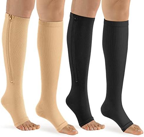 bropite Zipper Compression Socks Women & Men - 1Pairs Calf Knee High 15-20mmHg Open Toe Compression Stocking suit for Walking