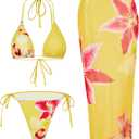 RoseSeek Women's 3 Piece Floral Swimsuit Halter Triangle String Bikini with Bodycon Beach Skirts Cover Up (Large, Yellow and Pink)