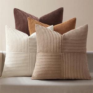 MIULEE Brown Throw Pillow Covers 20x20 Inch Set of 4 Boho Farmhouse Cushion Cases Neutral Gradient Corduroy Pillow Cases with Invisible Zipper Patchwork Home Decor for Couch Sofa Bed, 20" x 20" (Pack of 4), Brown