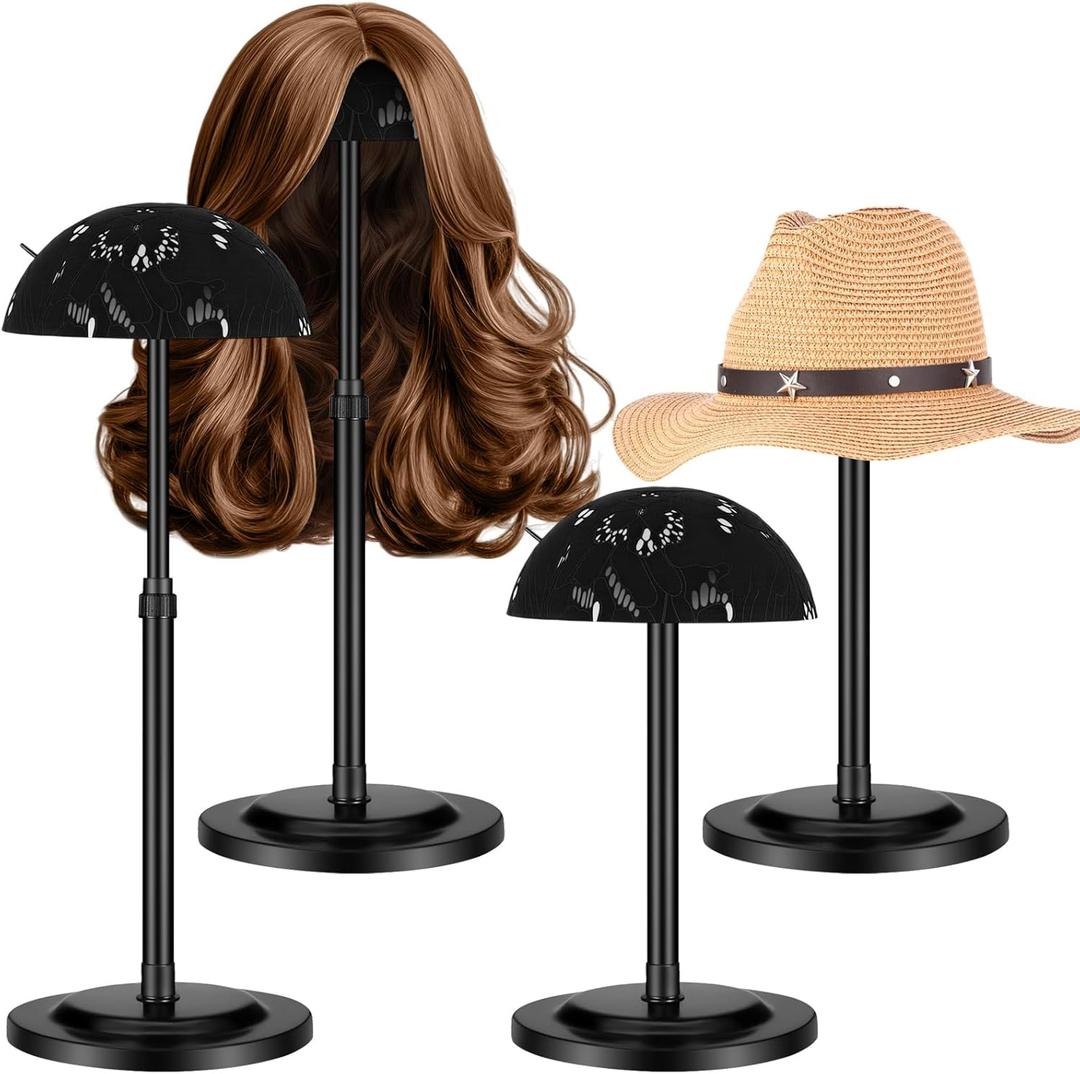 Geelin 4 Pack Wig Stand 9.8"-18.9" Adjustable Height Wig Head Holder Non Slip Portable Hat/cap Display Stand for Multiple Wigs (Black)