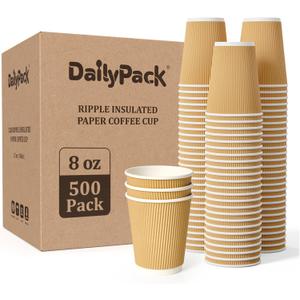 500 Pack 8 oz Coffee Cups, Insulated Ripple Wall Hot Coffee Cups for Home, Office, Hotel, Meetings, Parties