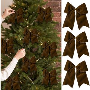 15 Pcs Velvet Bows for Christmas Tree - 6 Inch Vintage Velvet Ribbon Christmas Bows for Gift Wrapping Xmas Tree Topper Bow Ornaments for Garland Wreath Bows Decor (Brown)