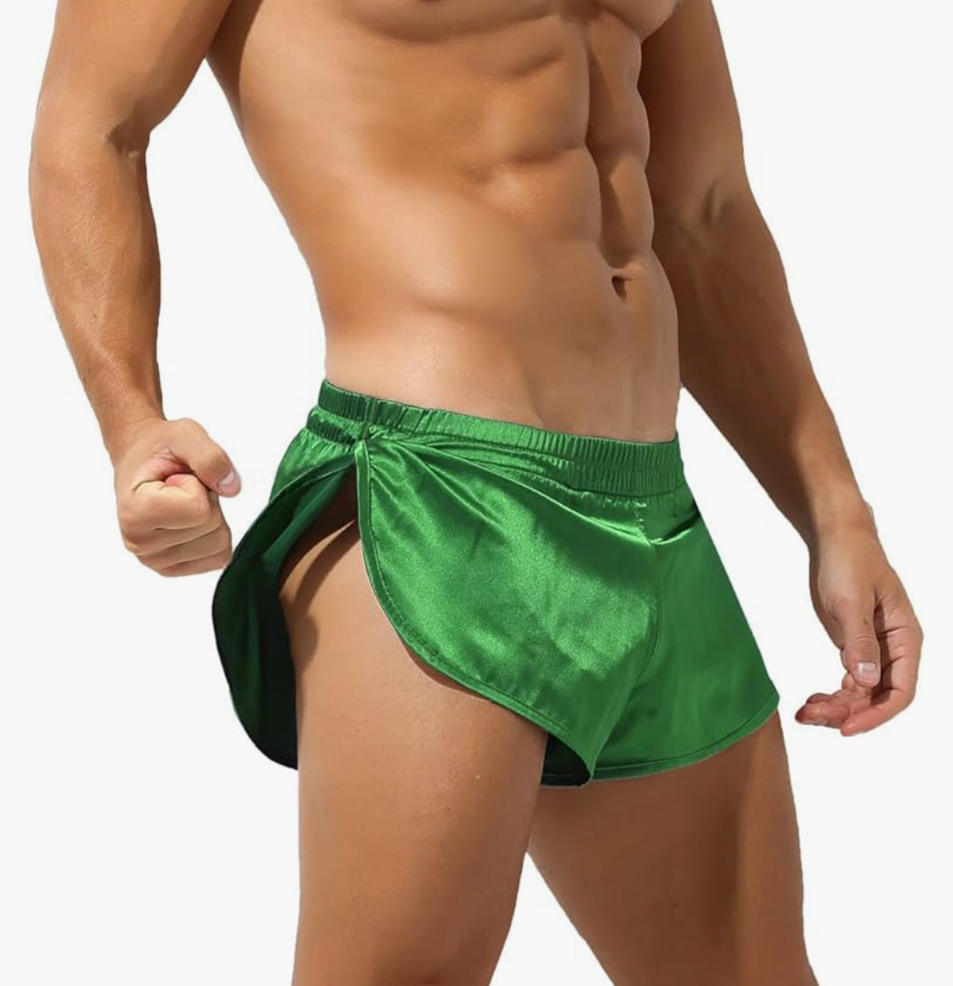 Rexcyril Men's Boxer Jockstrap Sexy Underwear, Silky Satin Split Side Gym Running Active Shorts, Size: XL