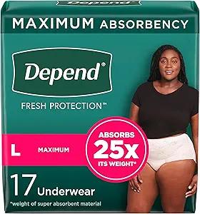 Depend Fresh Protection Adult Incontinence & Postpartum Bladder Leak Underwear for Women, Disposable, Maximum, Large, Blush, 17 Count, Packaging May Vary