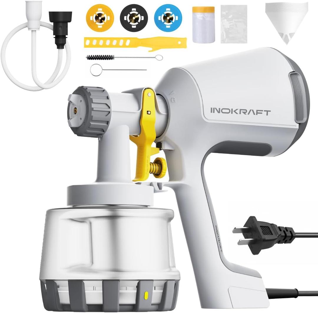 InoKraft Paint Sprayer, 600w HVLP Sprayer Includes 3 Patterns & Whole Cleaning kit for House Painting, Furniture, Cabinets, Compatible with Stains and Latex Paints,1200ml (White Gray)