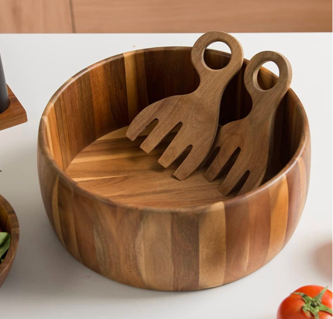 SullyHÔME 12" Acacia Wood Salad Bowl with Serving Spoons