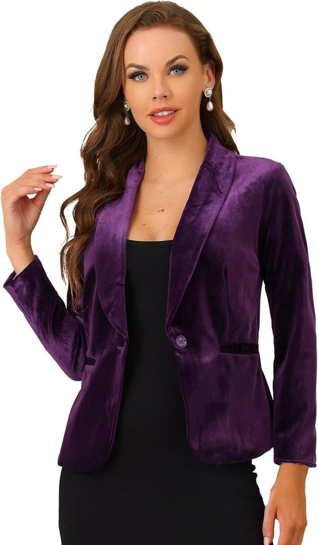 Allegra K Women's Halloween Christmas Office Coat Solid Shawl Collar 1 Button Velvet Blazer (Violet), Size S