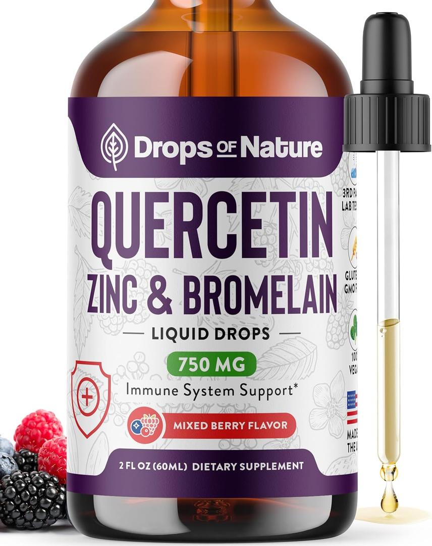 Quercetin with Bromelain & Zinc (5mg) Liquid Drops  Immune Support for Adults & Kids  Ultra-Concentrated Bioflavonoids  Immune Defense  Cellular Health  Vegan, Non-GMO, Gluten Free  2 Fl Oz