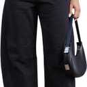Mid Rise Barrel Jeans for Women Wide Leg Mid Waist Cropped Denim Pants Y2k Baggy Boyfriend Jeans with Pockets (Medium, Iconic Black)