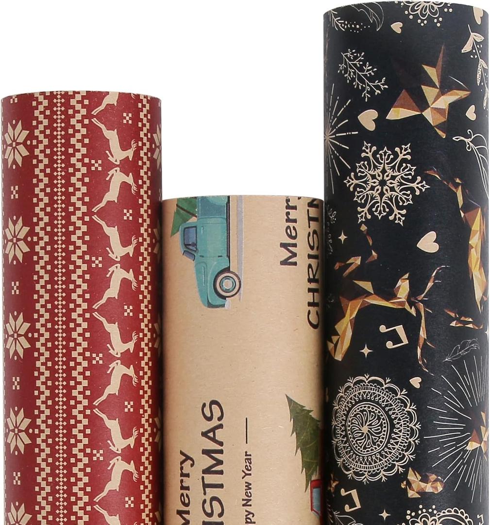 2 x Aimyoo Kraft Christmas Wrapping Paper Set, Vintage Red Black Xmas Gift Wrap Paper Rolls, Deers Snowflakes Merry Christmas Tree Truck Design, 17 in x 10 ft per Roll