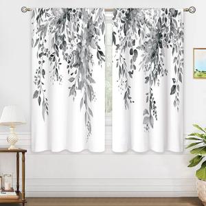 Grey Eucalyptus Botanical Leaves Floral Window Curtains Watercolor Black White Flower Plant Wildflower Farmhouse Curtain Drapes Herb Curtains for Bedroom Living Room Treatment 42Wx45H Inch (42"W x 45"L (Pack of 2), 11 Grey White)