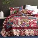 Cotton Bedspread Quilt Bedding Sets 3 Pieces Reversible Coverlet Sets Comforters Gorgeous Paisley Floral Patchwork Red Bedspread, King Size