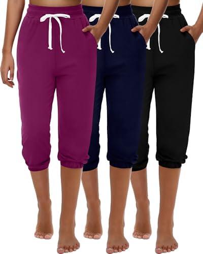Ficerd 3 Pcs Women's Capri Sweatpants Joggers Summer Casual Sports Cropped Lounge Pants High Waisted Athletic with Pockets.XL