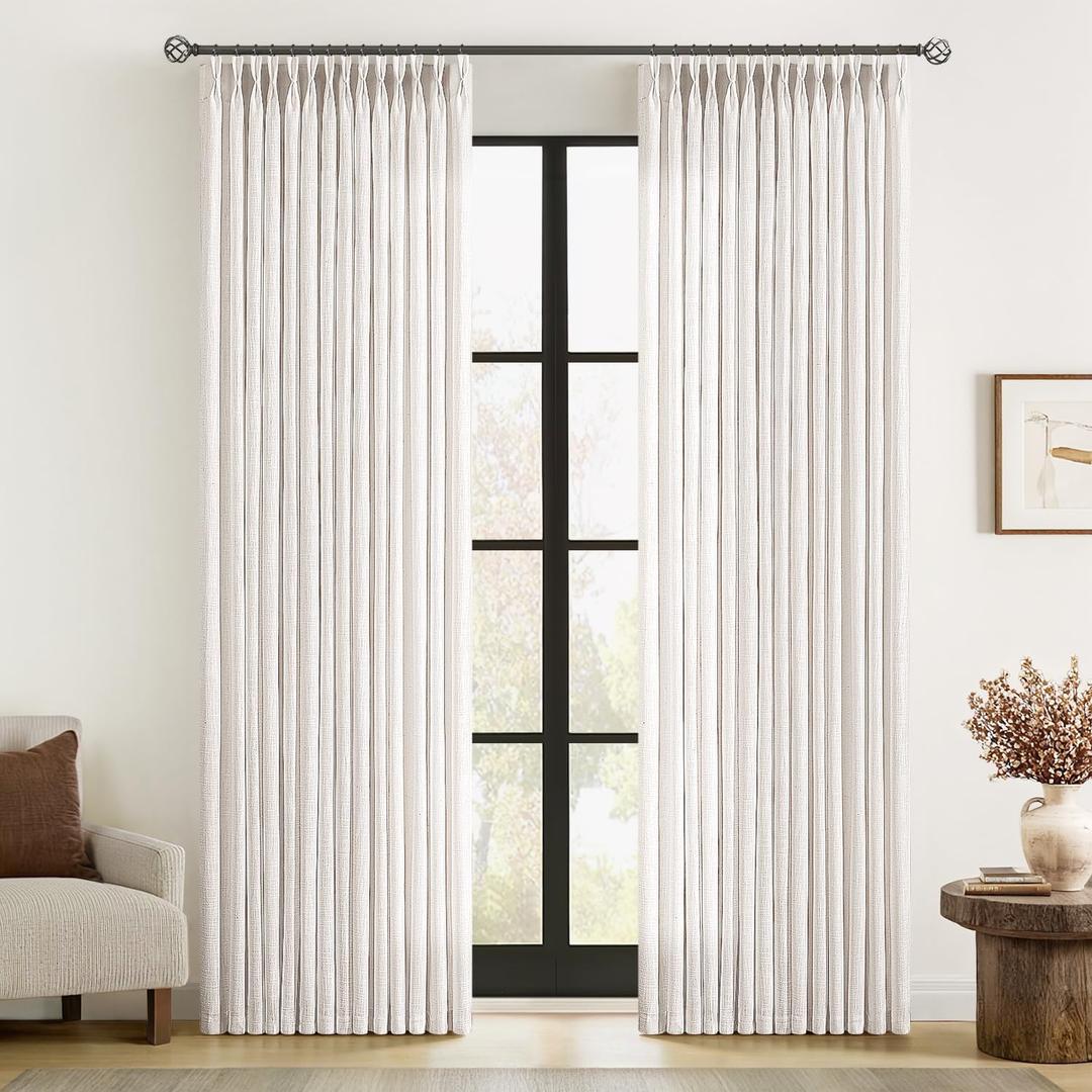 MIULEE Pinch Pleated Thick Linen Curtains 96 Inches Long 2 Panels for Living Room Bedroom, Memory Trained Pleat Drapes Light Filtering Natural Birch Semi Sheer Window Curtains Hooks Rings Back Tab