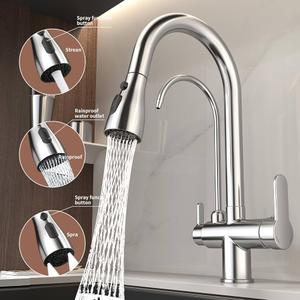 Kitchen Sink Faucet with Pull - Down Sprayer, 2 - Handle 3 - in - 1 Kitchen Sink Filter Faucet, Cold and Hot Mixer Drinking Water Faucet (3-in-1 Filter Faucet, Silver)