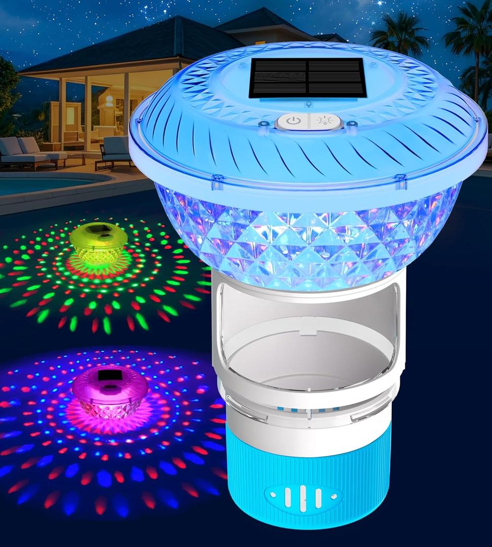 FineBud2025 Upgrade Solar Chlorine Floater,Pool Chlorine Floater with Colorful Light,Button Control Floating Chlorines Dispenser for Pool,Adjustable Flow chlorines floaters,Hot Tub chlorines floaters (Blue)