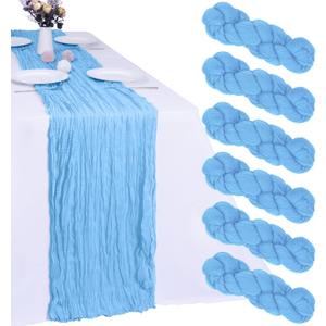 6 Pack Baby Blue Cheesecloth Table Runner 10FT Cheese Cloth Boho Gauze Fabric Table Runner 35 x 120 Inch Rustic Sheer for Spring Holiday Wedding Decor Baby Shower Party Decoration, 6 Pcs - 10 Ft