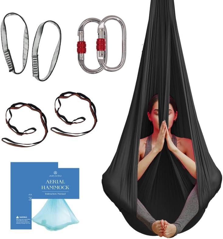 Aerial Silk Yoga Hammock & Swing for Home, Inversion Exercises, Starter Kit for All Levels - Durable with Extension Straps, Carabiners, and Pose Guide (4.5 yards, Black)