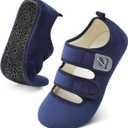 LeIsfIt Womens Slippers Adjustable Diabetic Slippers Wide Soft Arthritis Edema House Shoes Warm Fuzzy Slipper Socks with Rubber Sole (10.5-11, Navy)