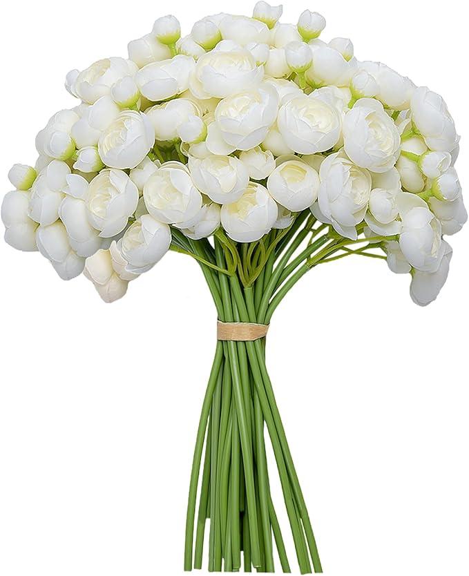 Meldel 32Pcs Ranunculus Artificial Flower, Faux Silk Mini Ivory White Ranunculus Flowers for DIY Bouquet, Bulk Fake Peony Wedding Filler Flowers for Centerpieces Arrangements Bridal Shower Decorations
