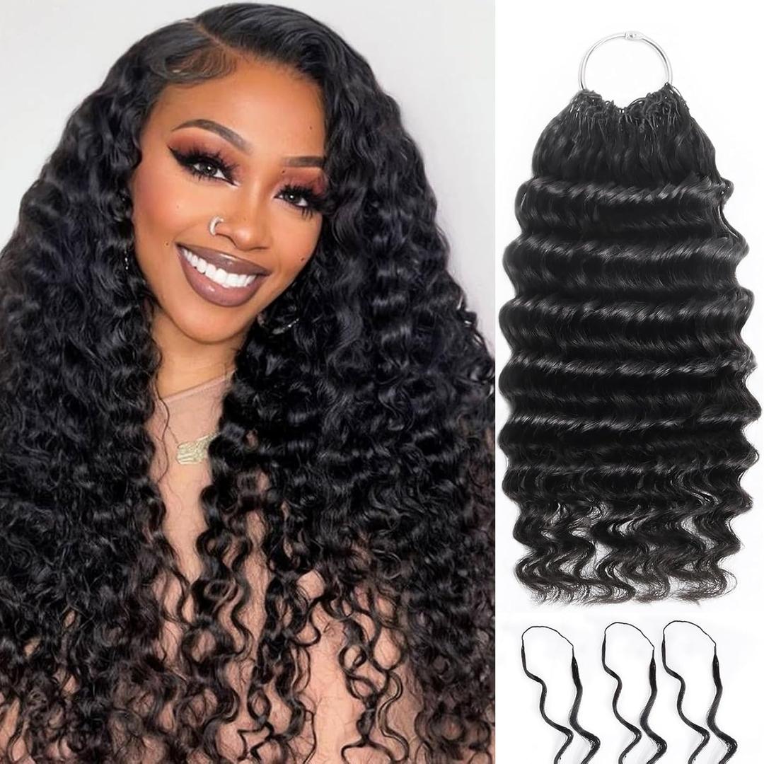 Pre-Separated Human Crochet Hair Deep Water Wave Curly Miracle Knots Crochet 100% Human Hair Bundles Braiding Hair 14 Inch 50g Knotless Feather Invisible Crochet Hair Extensions for Women, Black