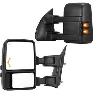 AUTOSAVER88 Towing Mirrors Compatible with 2008-2016 Ford F250 F350 F450 F550 Super Duty Mirror with Smoke Turn Signal Light Power Heated Manual Telescoping Folding Pair Black