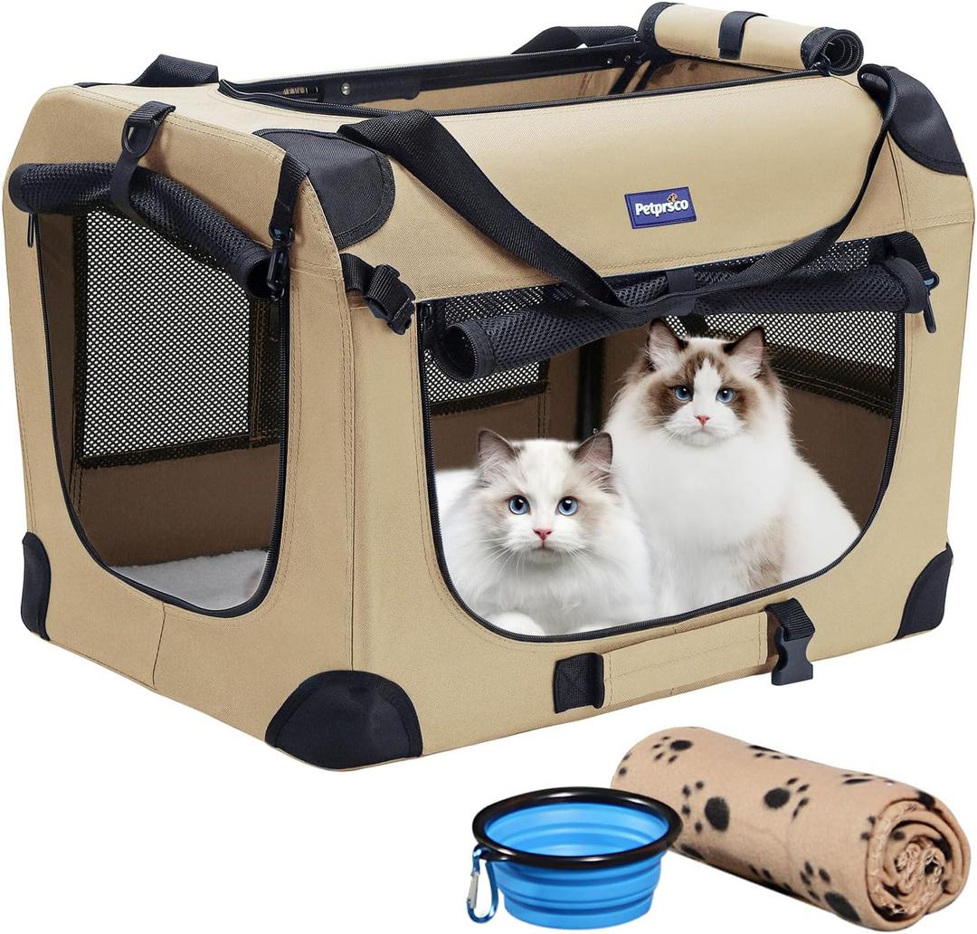 Petprsco Portable Collapsible Dog Crate, Travel Dog Crate 24x17x17 with Soft Warm Blanket and Foldable Bowl for Large Cats & Small Dogs Indoor and Outdoor