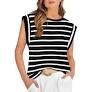 Beautife Womens Plus Size Cap Sleeve Tank Tops Casual Summer Striped T Shirts Crew Neck Loose Fit Tees Black XXL