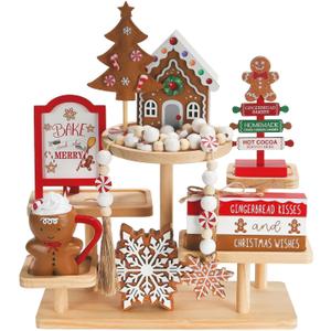 Gingerbread Christmas Decorations 8 PCS Tiered Tray Decor Set, Cute Tabletop Christmas Decor for Home Shelf Mantel Fireplace Office Desk Coffee Bar Xmas Table Centerpieces Tray Objects Holiday Baking