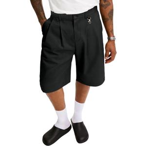 PLEPAN Men's Baggy Wide Leg Casual Shorts Pleated Dress Business Elastic Waist Summer Shorts with Pockets (Black, XL)